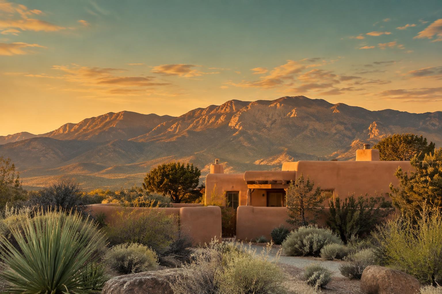 New Mexico adobe architecture with mountains at golden hour