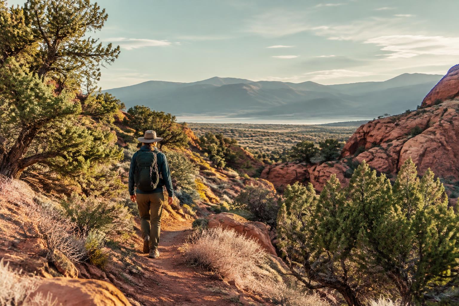 Person hiking a New Mexico desert trail at morning light